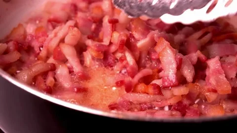 Fried hot bacon in pan. Suitable for home cooking content, recipe videos. 스톡 동영상 334643481