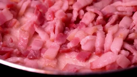 Fried hot bacon in pan. Suitable for home cooking content, recipe videos. 스톡 동영상 334643518