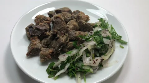 Fried liver with onion. Stock Footage 97391331