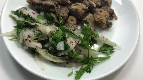 Fried liver with onion. Stock Footage 97391436