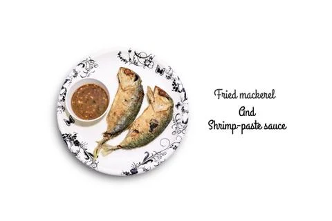 Fried mackerel and shrimp-paste sauce in plate. Stock Photos
