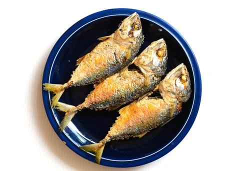 Fried Mackerel on dish ready to be served over white background Stock Photos