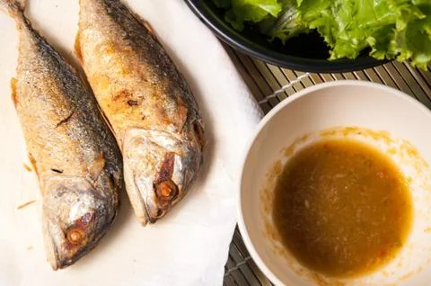 Fried mackerel fish Stock Photos