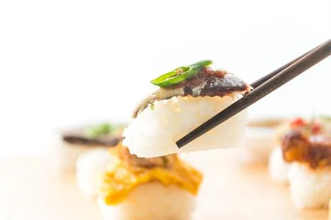 Fried Mackerel with Shrimp Paste Sauce Sushi Stock Photos