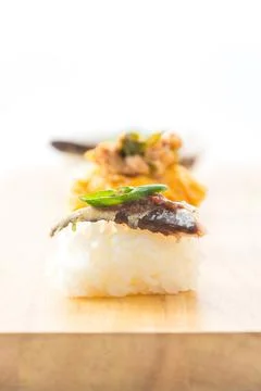 Fried Mackerel with Shrimp Paste Sauce Sushi Stock Photos