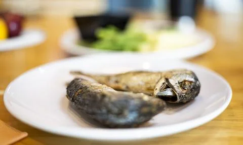 Fried Mackerel On The Table Stock Photos