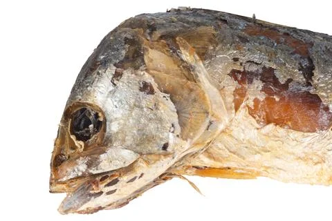 Fried mackerel on a white background closeup head Stock Photos