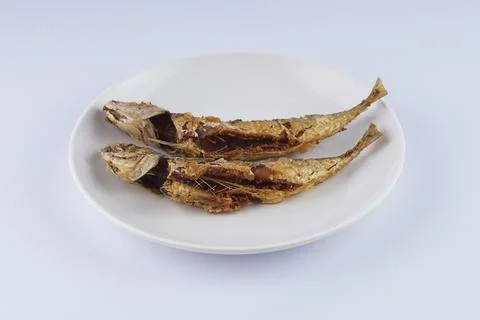 Fried mackerel on a white plate Stock Photos