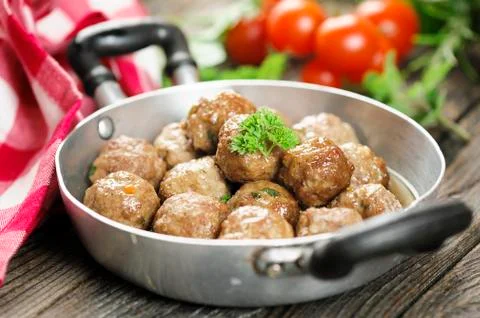 Fried meat balls on a pan Stock Photos