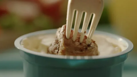 Fried Meat Dunking in Special Savory Sauce Closeup Stock Footage 144651580