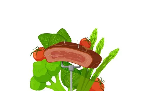 Fried meat on fork surrounded vegetables clipart. Juicy brown beefsteak with red Stock Illustration