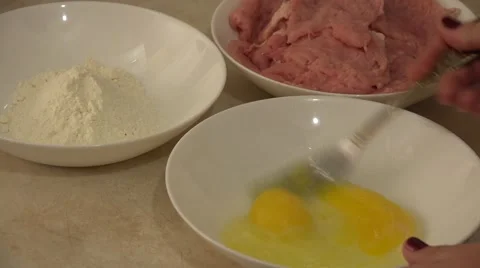 Fried Meat Making With Raw Ingredients. Flour, Yolk, Crumble. 4K UltraHD, UHD Stock Footage 48623616