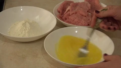 Fried Meat Making With Raw Ingredients. Flour, Yolk, Crumble. 4K UltraHD, UHD Stock Footage 48623617