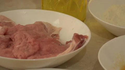 Fried Meat Making With Raw Ingredients. Flour, Yolk, Crumble. 4K UltraHD, UHD Stock Footage 48624149