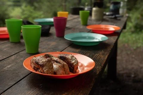 Fried meat on a plastic plate in the forest Stock Photos