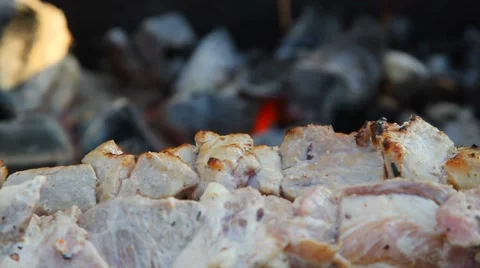 Fried meat on skewers Stock Footage 60063621