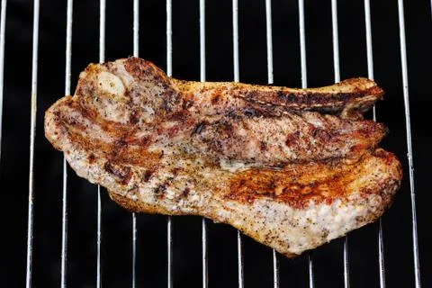 Fried meat slice on barbecue grid Stock Photos