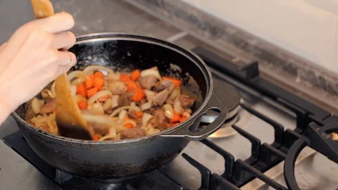 Fried meat with vegetables Stock Footage 88491470