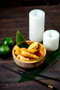 Fried nuggets with lemon slice Stock Photos