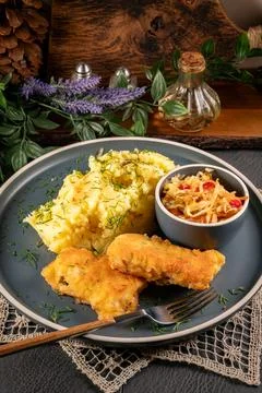 Fried pollock fillet. Stock Photos