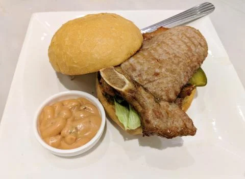 Fried pork and  bread with dip in the white plate Stock Photos