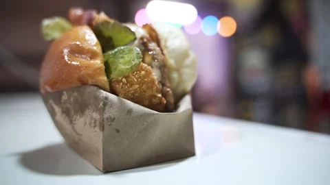 Fried pork burger Stock Footage 117331371