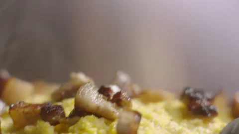 Fried pork hot in a dish macro Stock Footage 197703150