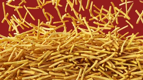 Fried potato chips falling down from above and filling the screen Vídeo Stock 76590104