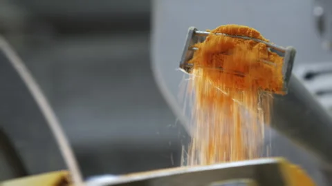 Fried potato chips falling into industrial conveyor at a factory. 스톡 동영상 273038707