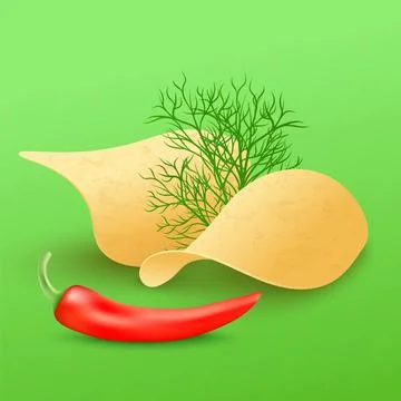 Fried potato chips with hot pepper and dill realistic vector illustration. Illustrazione stock