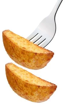 Fried potato slice on fork, paths Stock Photos