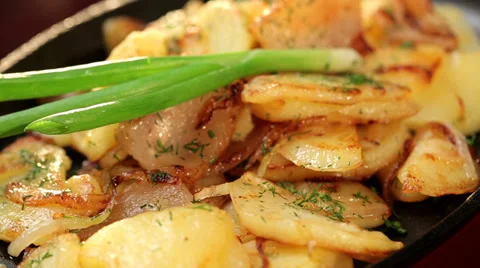 Fried potatoes with bacon Stock Footage 29378848