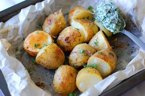 Fried potatoes on a baking sheet 写真素材