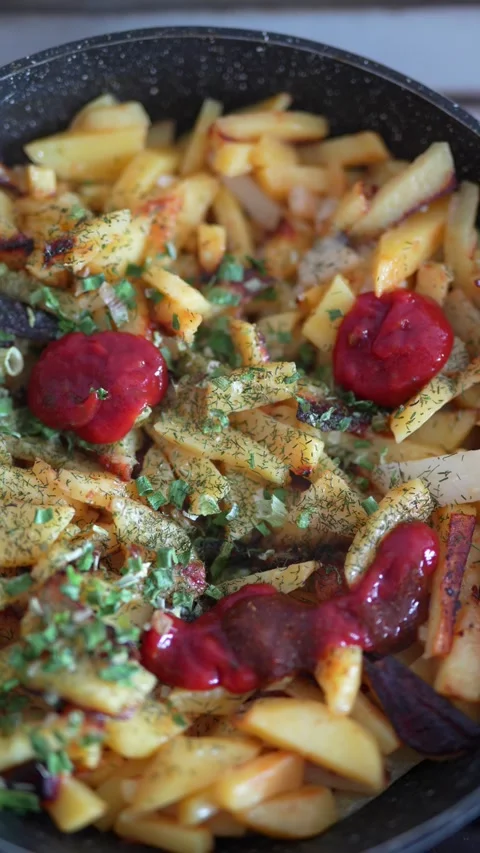 Fried potatoes with fresh herbs and ketchup in a pan. Stock Footage 332160277