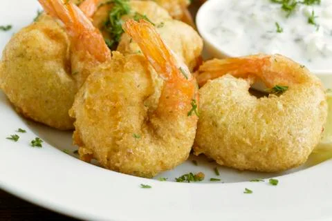 Fried prawns in breadcrumbs Stock Photos