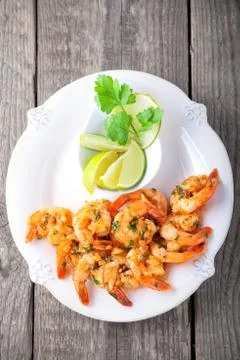 Fried Prawns with lemon Stock Photos
