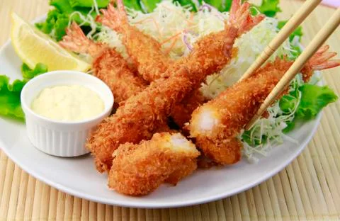 Fried prawns with salad Stock Photos