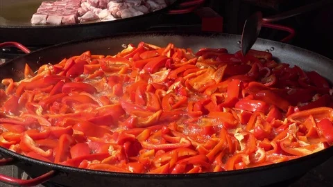 Fried Red Peppers Cooking at Weekend Market in Bangkok, Thailand Stock Footage 76575629