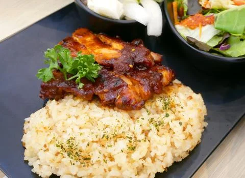 Fried rice with roasted chicken. Stock Photos