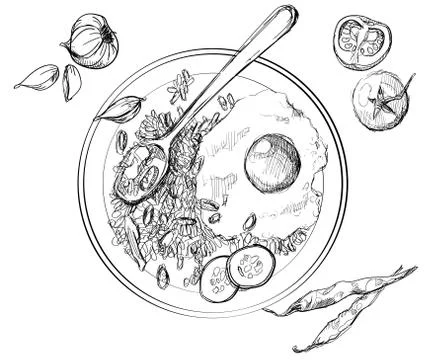 Fried rice sunny side up egg original indonesian food culinary hand drawn Иллюстрация