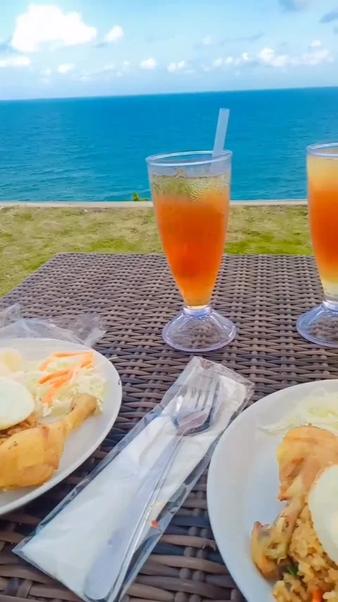 Fried rice,iced tea ,beatiful sea Stock Footage 209889752
