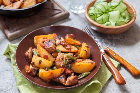 Fried roasted potatoes with meat Stock Photos