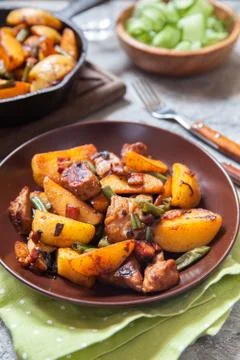 Fried roasted potatoes with meat Stock Photos