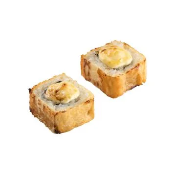 Fried roll with cheese baked cap isolated on a white background. Stock Photos
