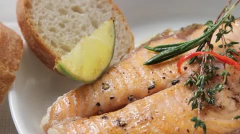 Fried salmon steak Stock Footage 24662949