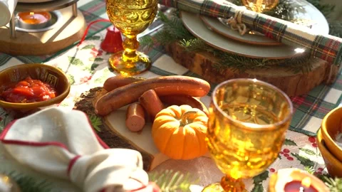 Fried sausage, sauce and small pumkin on a plate. Stock Footage 145128313