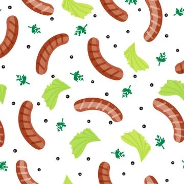 Fried Sausages Seamless Flat Pattern Vector Stock Illustration