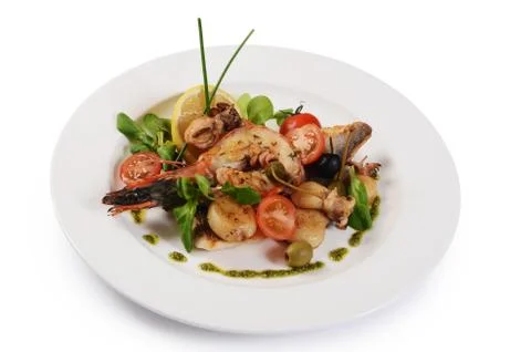 The fried seafood with vegetables Foto stock