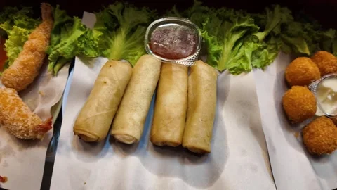 Fried Shrimp and Spring Rolls at Phuket Night Market Stock-Footage 325421172