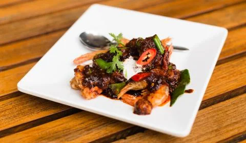 Fried shrimp in thai chilli paste sauce Stock Photos